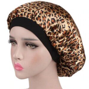Gold Animal Print Satin Silky Hair Bonnet with Elastic Band (Never Worn)